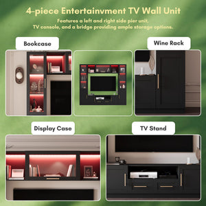 4-Piece Wall Unit TV Stand with LED Lights, Entertainment Center with Bookshelves & Bridge, Black