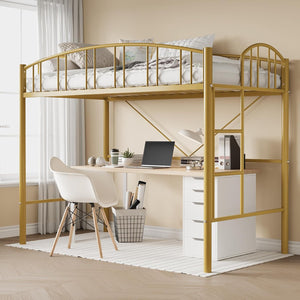 Twin Size Metal Loft Bed with Staircase & Arched Guardrail