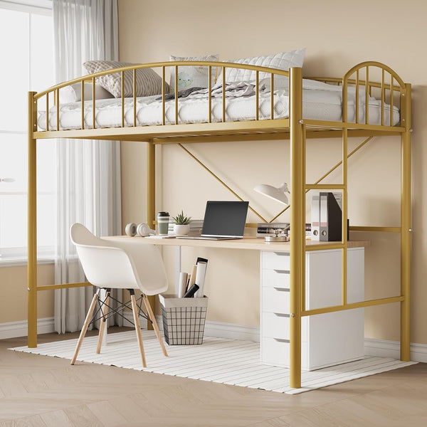 Twin Size Metal Loft Bed with Staircase & Arched Guardrail