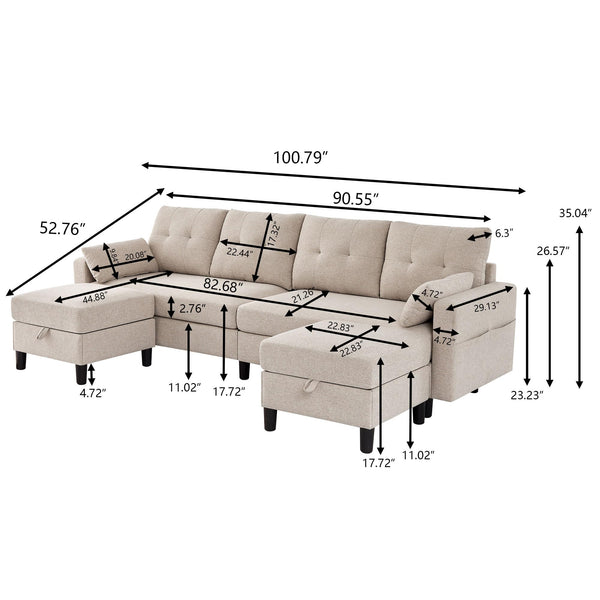 U-Shaped Sectional Sofa with Storage Ottoman