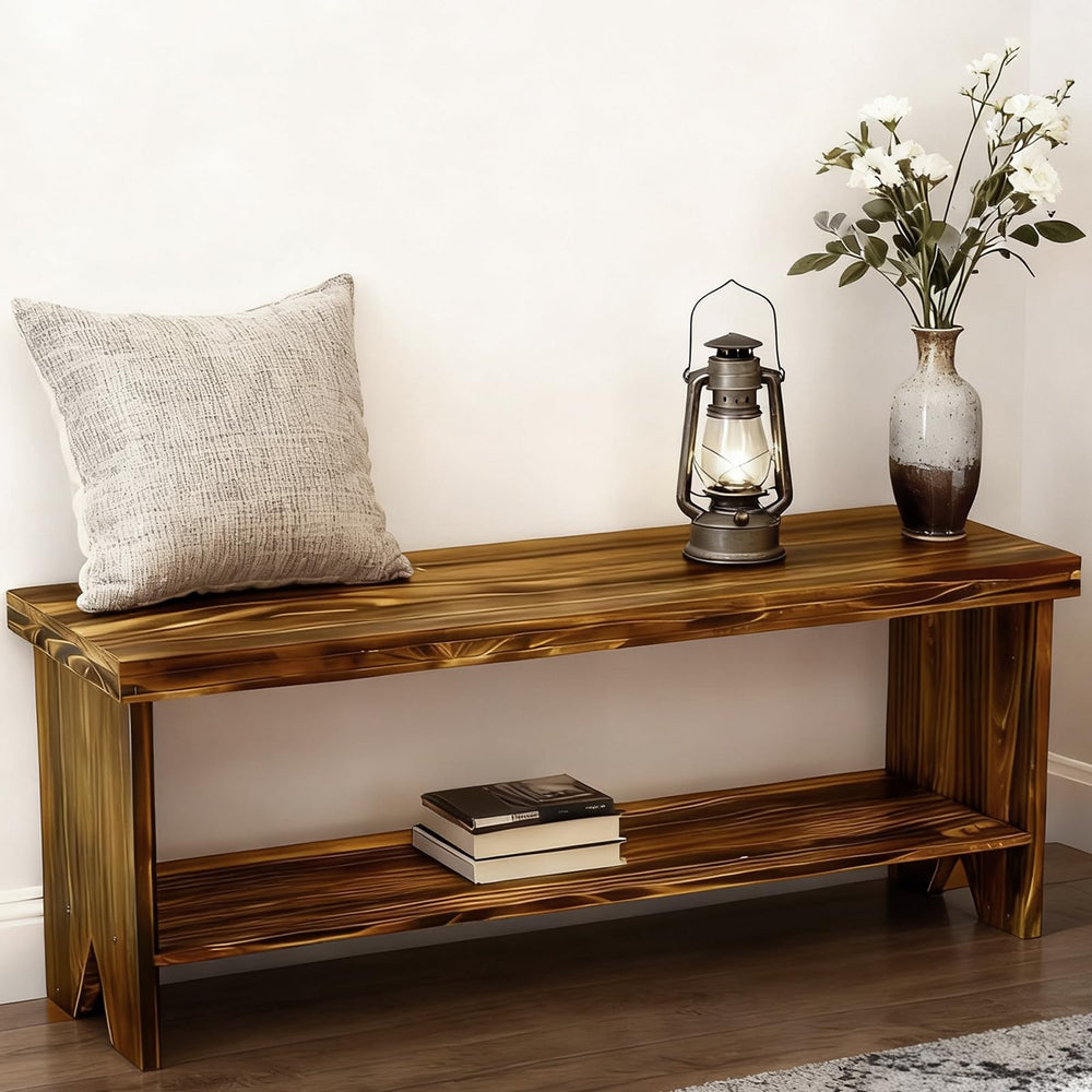 43" Solid Wood Farmhouse Entryway Bench with Storage Shelf