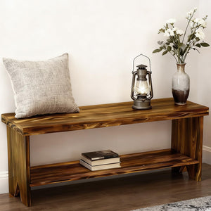 43" Solid Wood Farmhouse Entryway Bench with Storage Shelf