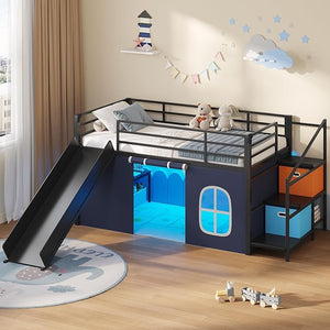 Low Loft Bed with Desk, Storage Drawers & LED Lights – Twin
