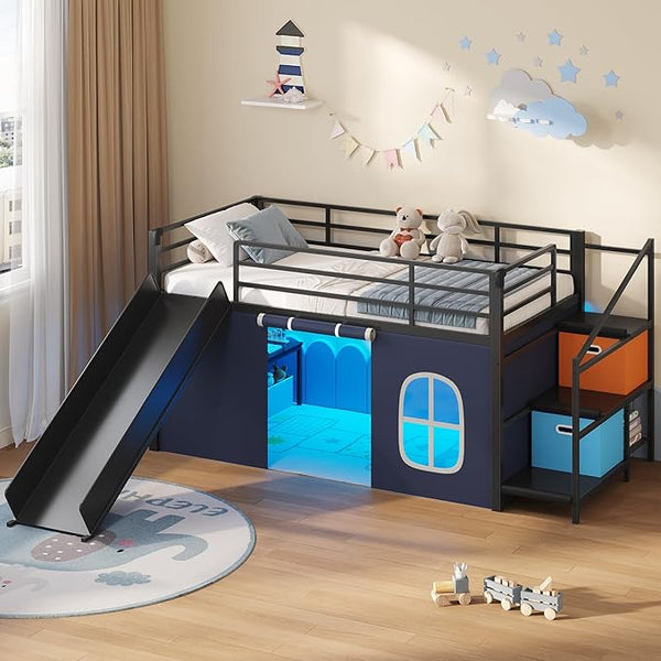Low Loft Bed with Desk, Storage Drawers & LED Lights – Twin
