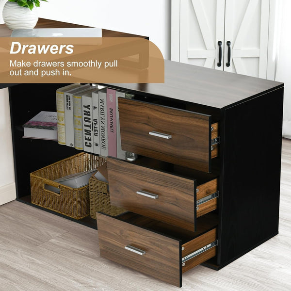 55-Inch L-Shaped Computer Desk with Drawers & Storage Shelves