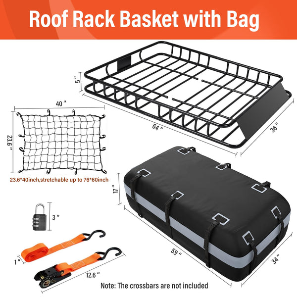 Rooftop Cargo Basket with Waterproof Bag – 250 lb Heavy-Duty Steel Roof Rack