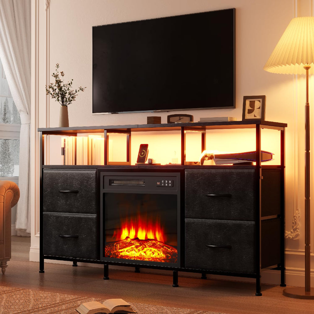 Fireplace TV Stand with Fabric Drawers, LED Lights & Power Outlets