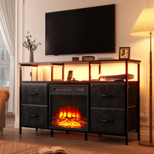 Fireplace TV Stand with Fabric Drawers, LED Lights & Power Outlets
