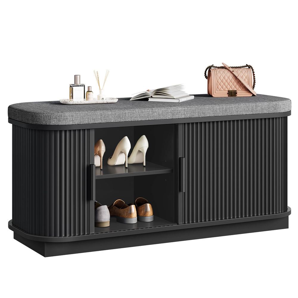 Shoe Storage Bench with Cushion and Sliding Doors