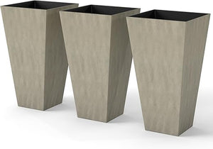 Tall Outdoor Planters Set of 3 with Drainage Holes – 28 Inch Taper Plant Pots