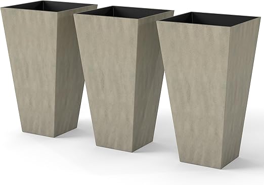 Tall Outdoor Taper Planters Set of 3 with Drainage Holes – 28 Inch