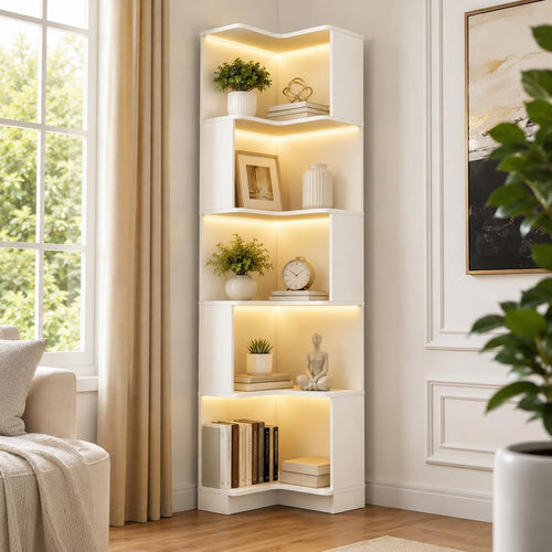 6-Tier Corner Bookshelf with LED Lights