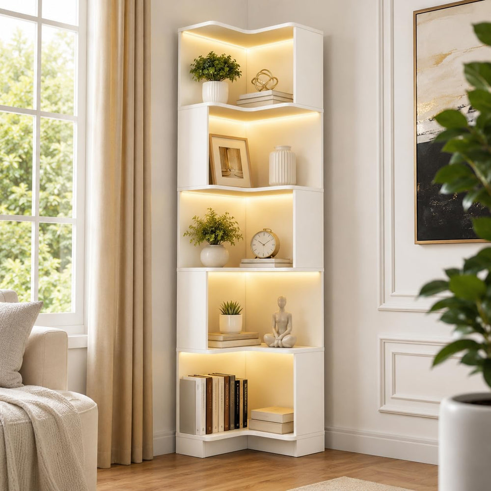 6-Tier Corner Bookshelf with LED Lights