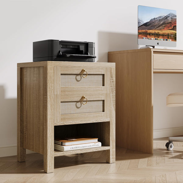 Rattan Nightstand with Charging Station and Storage Drawers
