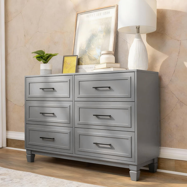 6-Drawer Farmhouse Dresser with Solid Wood Legs – Grey