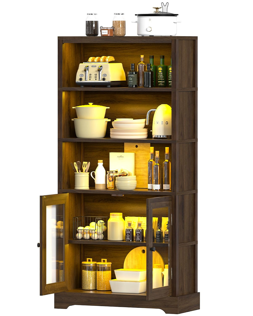 5-Tier Bookshelf with Ambient Lighting and Cabinet Doors