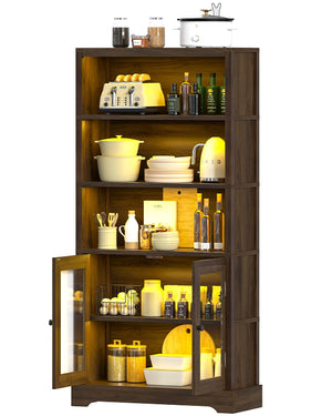 5-Tier Bookshelf with Ambient Lighting and Cabinet Doors