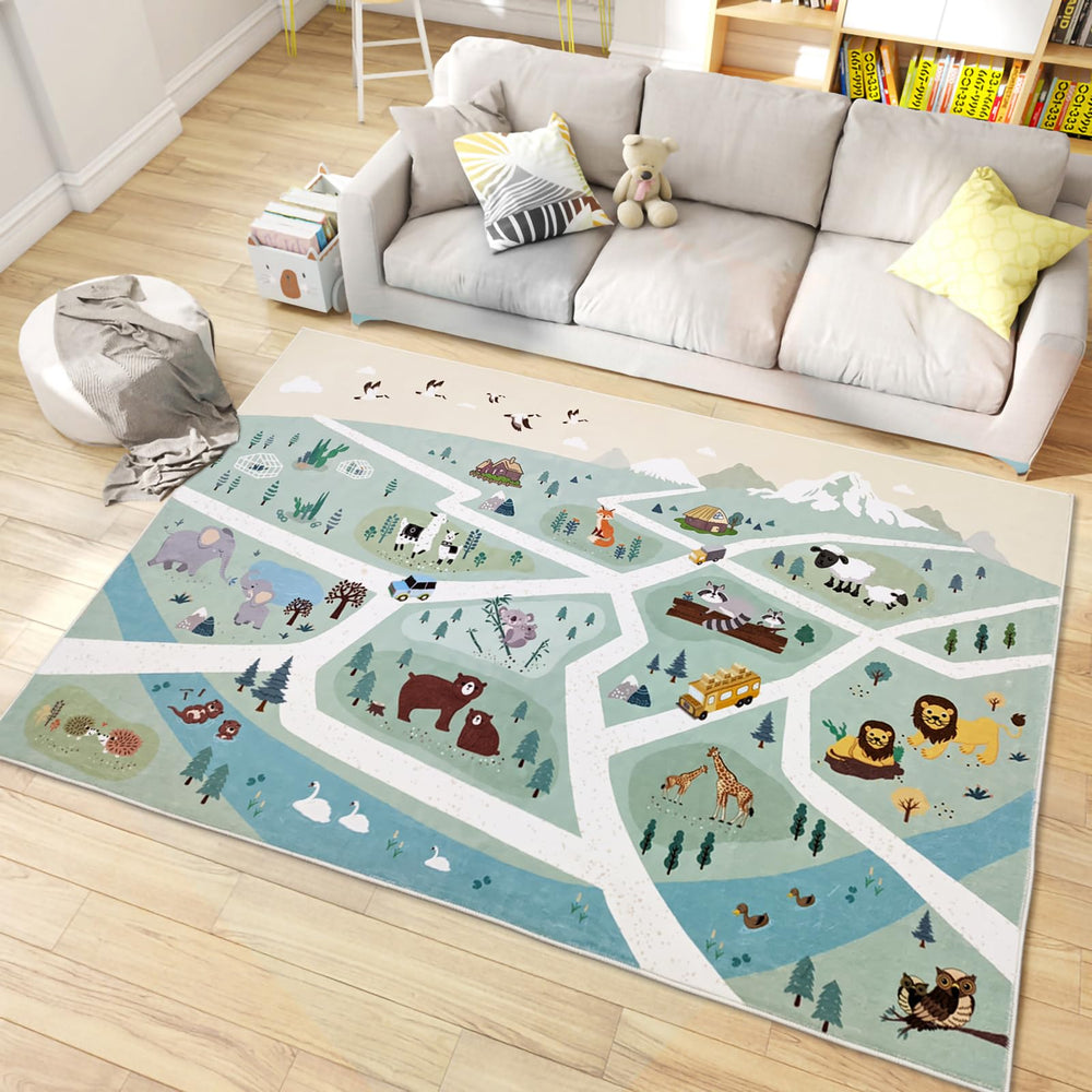 Zoo Animal Kids Area Rug – Playroom & Bedroom Floor Mat