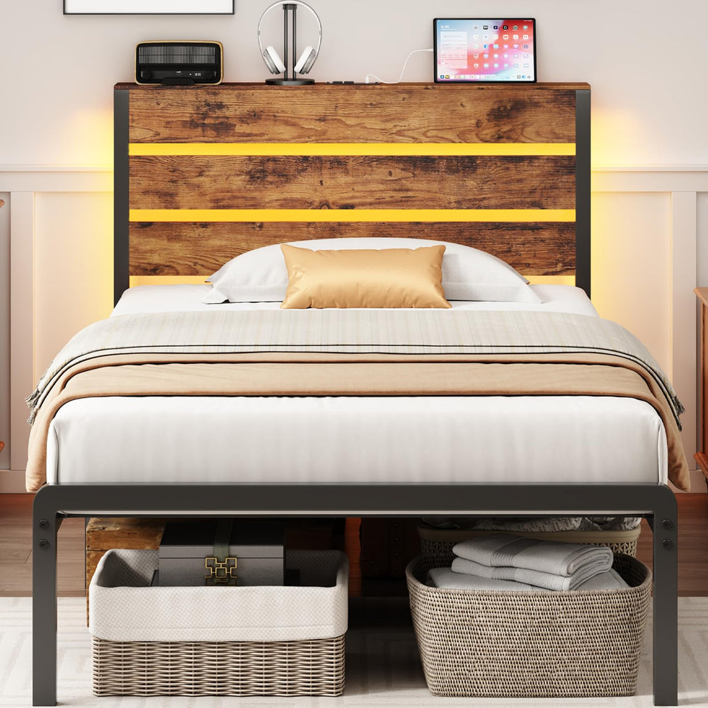 Twin Bed Frame with LED Lights & Charging Station
