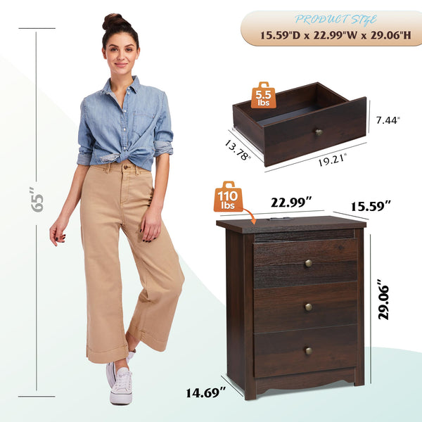 3-Drawer Nightstand with Charging Station & USB Ports