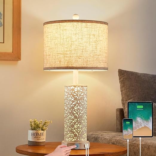 Farmhouse Touch Table Lamp with Nightlight, USB Ports & AC Outlet