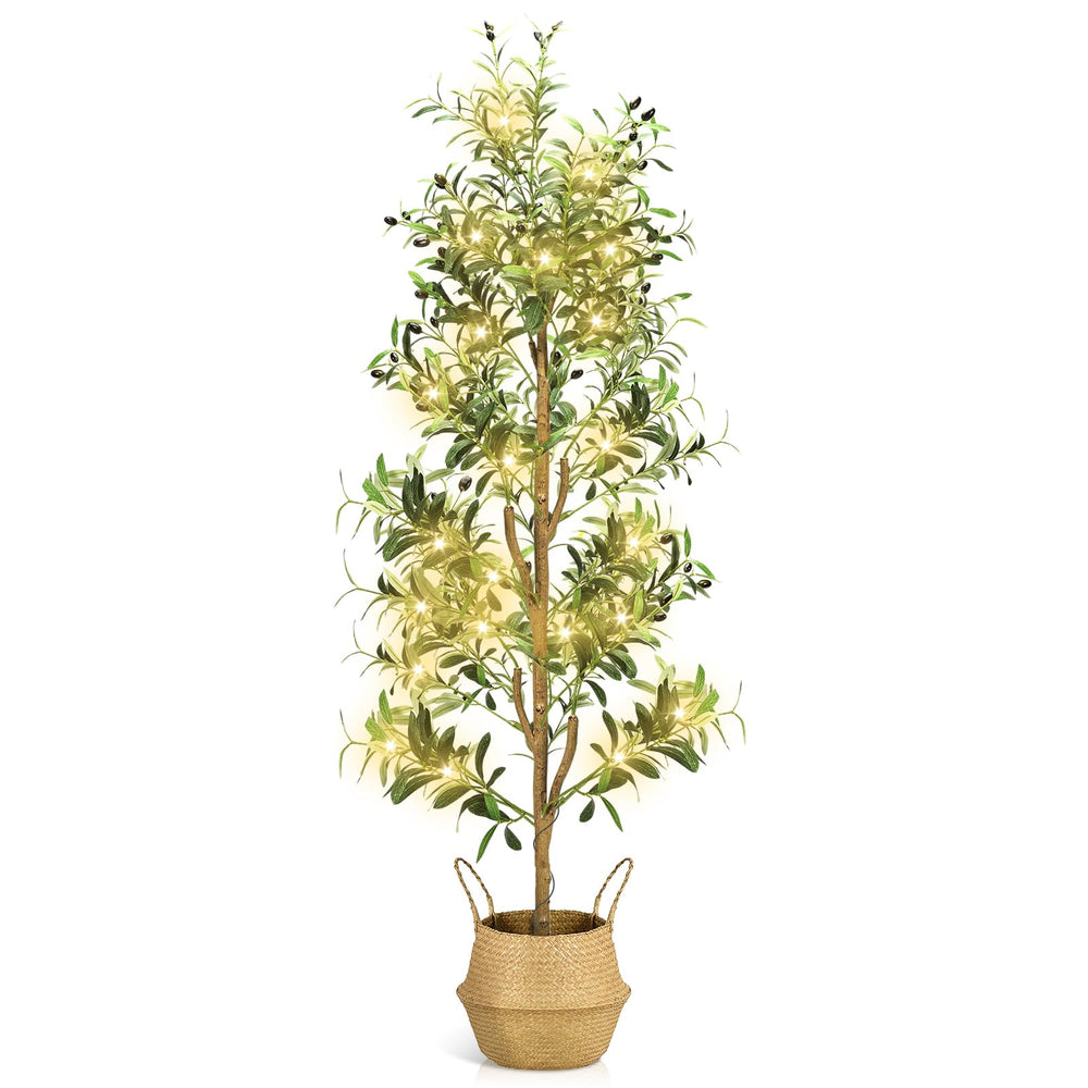 Faux Olive Tree – 6ft & 7ft Indoor Artificial Tree with Planter, Basket & Lights