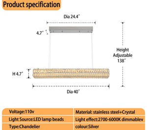40" Rectangle Crystal Chandelier – Dimmable LED Linear Pendant Light