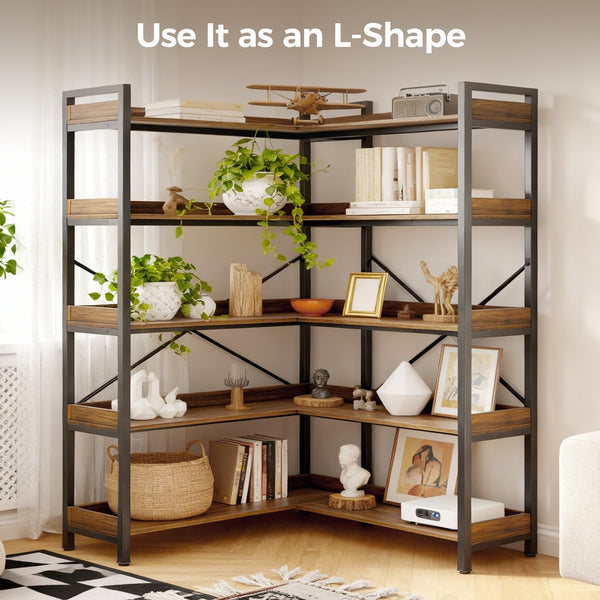 5-Tier L-Shaped Corner Bookshelf with Metal Frame