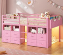 Low Loft Bed Twin with Storage Drawers, Bookcase & LED Lights