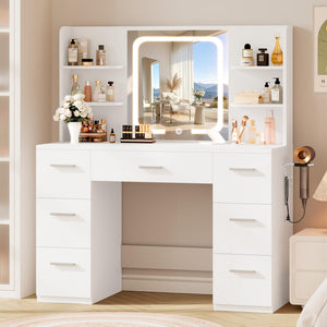 Makeup Vanity Desk with Smart LED Mirror, 7 Drawers & Power Station