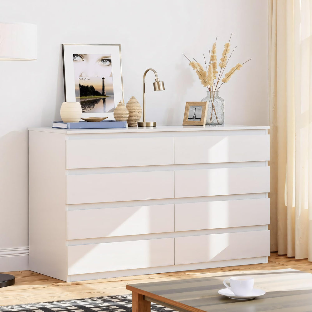 8-Drawer White Wood Dresser with Storage