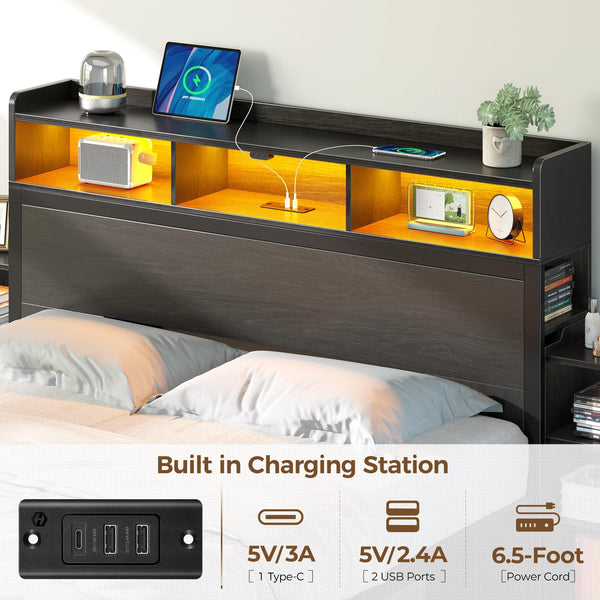 Metal Bed Frame with Storage Headboard, LED Lights & Charging Station