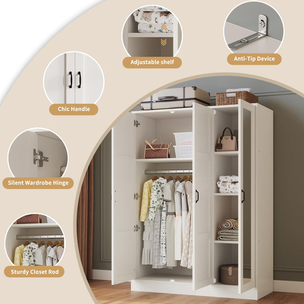 3-Door Mirrored Wardrobe Armoire with Adjustable Shelves