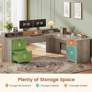 63" L-Shaped Desk with Drawers, Monitor Stand & Storage Cabinet