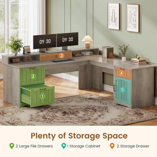 63" L-Shaped Desk with Drawers, Monitor Stand & Storage Cabinet