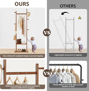 Solid Wood Coat Rack with Shelves & Hooks