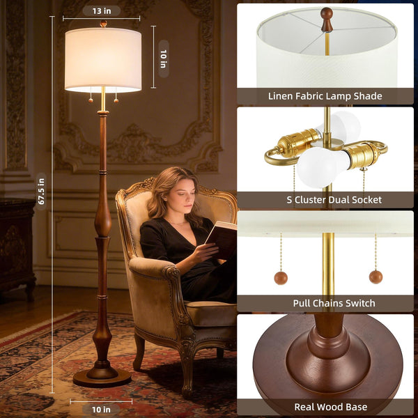 Rustic Wooden Floor Lamp with Linen Shade & Dual Pull Chain