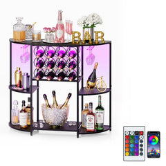 3-Tier Wine Bar Cabinet with LED Lights, Glass Holder & 12-Bottle Storage