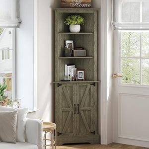 Farmhouse Corner Cabinet with Barn Doors, 68" Tall, 5-Tier Adjustable Shelves