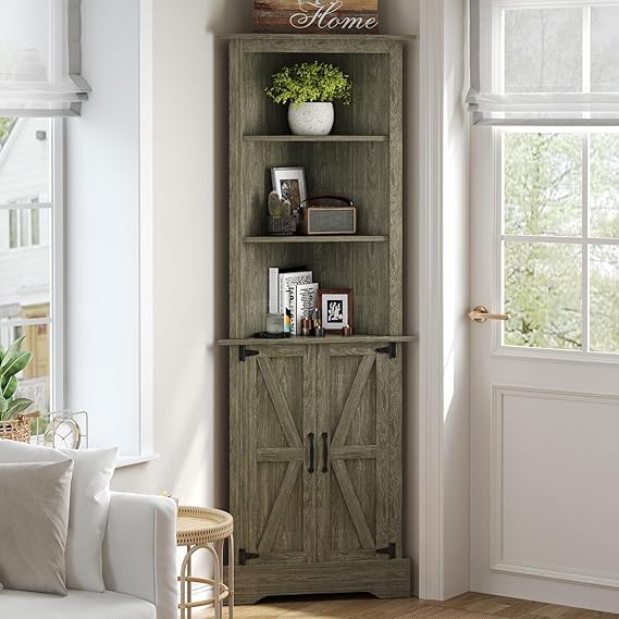 Farmhouse Corner Cabinet with Barn Doors, 68" Tall, 5-Tier Adjustable Shelves