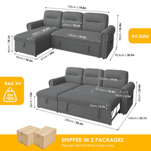 87" Sectional Sleeper Sofa with Storage Chaise & USB Charging