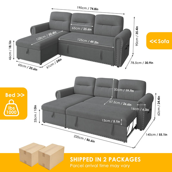 87" Sectional Sleeper Sofa with Storage Chaise & USB Charging