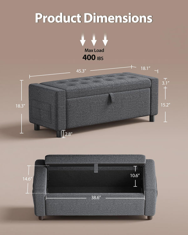 Storage Ottoman Bench with Hidden Compartment & Side Pocket