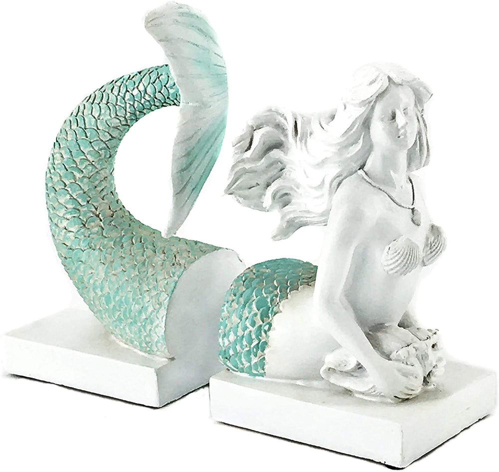 Mermaid Bookends Antique White Shelf Decor 9 Inch
