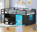 Kids Low Loft Bed Twin with Stairs, LED Lights & Storage