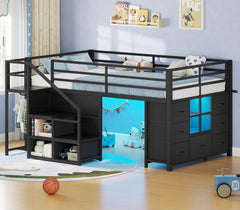 Kids Low Loft Bed Twin with Stairs, LED Lights & Storage