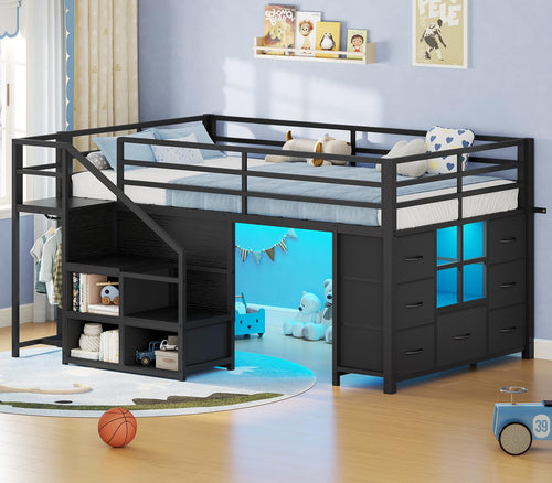 Kids Low Loft Bed Twin with Stairs, LED Lights & Storage