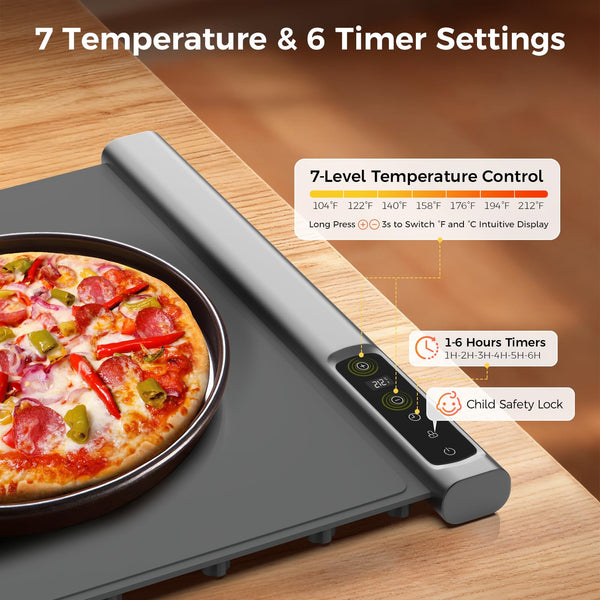 Electric Food Warming Mat | Expandable 3-Piece | 7 Temp & 6-Hour Timer