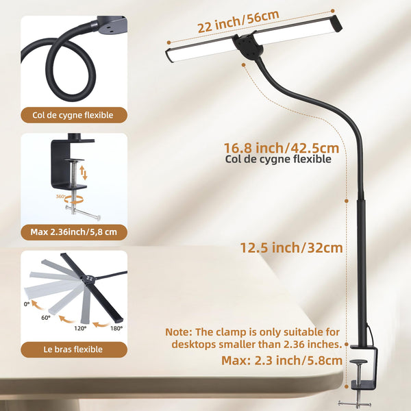 Dual-Head LED Desk Lamp with Clamp – Dimmable, 5 Color Temps, Remote