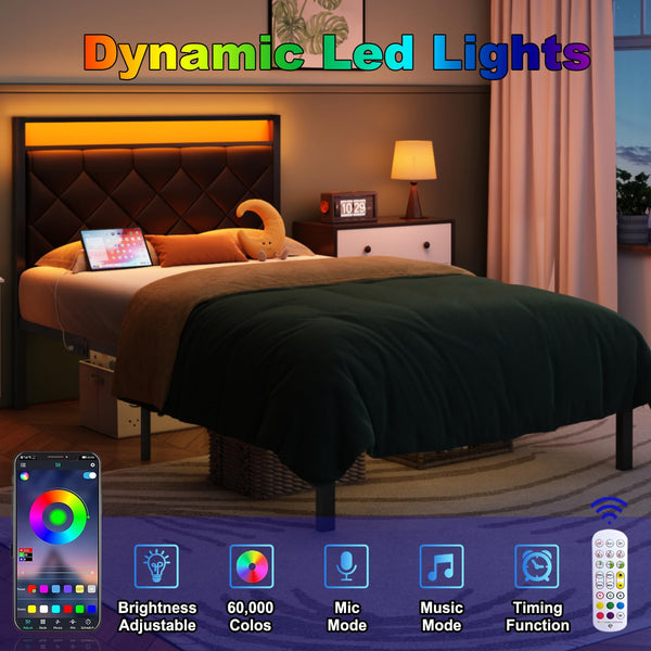 Twin Bed Frame with LED Lights, Charging Station & Upholstered Headboard